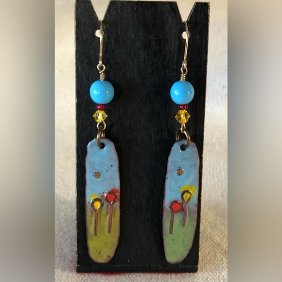 Handcrafted & Painted Enamel Over Copper Modernist Dangle Earrings - Picture 5 of 8